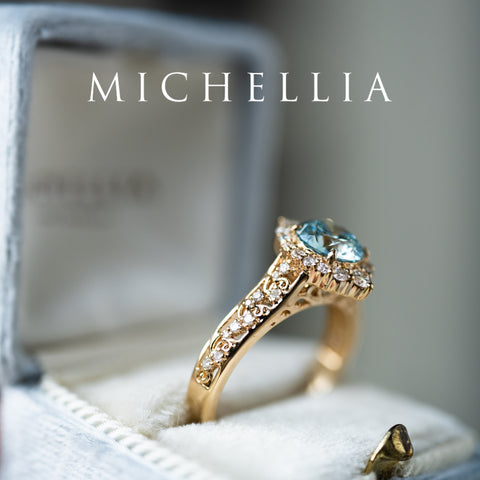 [Ophelia] IGI Certified Blue Diamond Rococo Engagement Ring, 14K Yellow Gold - One of A Kind Women's Ring michelliafinejewelry