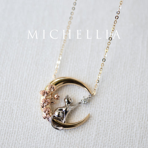 [Elune] Moonlight Cat in Rose Garden Solid Gold Necklace - One of A Kind & Ready-to-Ship Necklace michelliafinejewelry   