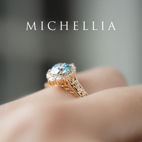 [Ophelia] IGI Certified Blue Diamond Rococo Engagement Ring, 14K Yellow Gold - One of A Kind Women's Ring michelliafinejewelry