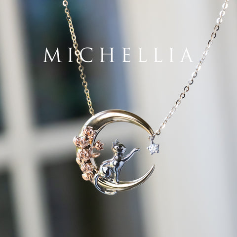 [Elune] Moonlight Cat in Rose Garden Solid Gold Necklace - One of A Kind & Ready-to-Ship Necklace michelliafinejewelry   
