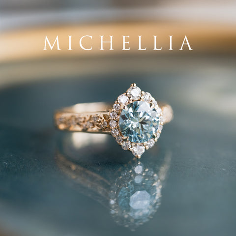 [Ophelia] IGI Certified Blue Diamond Rococo Engagement Ring, 14K Yellow Gold - One of A Kind Women's Ring michelliafinejewelry
