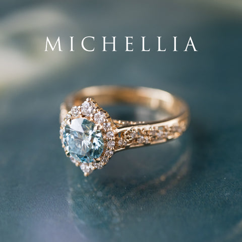 [Ophelia] IGI Certified Blue Diamond Rococo Engagement Ring, 14K Yellow Gold - One of A Kind Women's Ring michelliafinejewelry