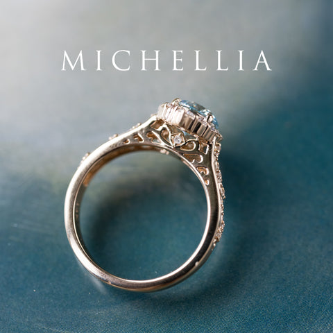 [Ophelia] IGI Certified Blue Diamond Rococo Engagement Ring, 14K Yellow Gold - One of A Kind Women's Ring michelliafinejewelry
