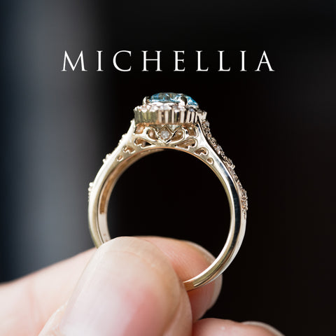 [Ophelia] IGI Certified Blue Diamond Rococo Engagement Ring, 14K Yellow Gold - One of A Kind Women's Ring michelliafinejewelry