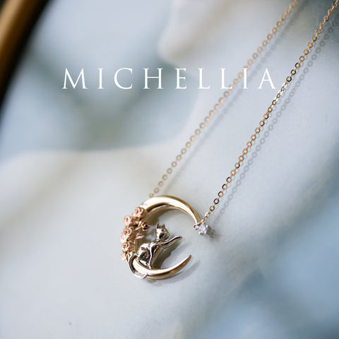 [Elune] Moonlight Cat in Rose Garden Solid Gold Necklace - One of A Kind & Ready-to-Ship Necklace michelliafinejewelry   