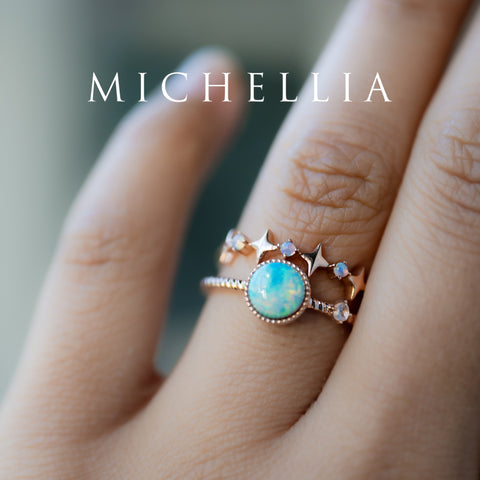 [Terra & Etoile] Australian Opal Wandering Earth, Moon and Star Engagement Ring + Wedding Band, One of A Kind & Ready-to-Ship Women's Ring michelliafinejewelry