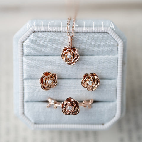 [Roselyn] The Petite Parisian Rose Natural Diamond Necklace & Earring Set - Limited Edition