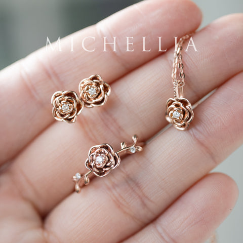 [Roselyn] The Petite Parisian Rose Natural Diamond Necklace & Earring Set - Limited Edition