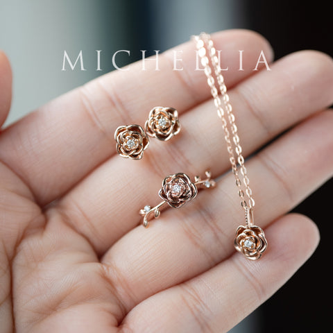 [Roselyn] The Petite Parisian Rose Natural Diamond Necklace & Earring Set - Limited Edition
