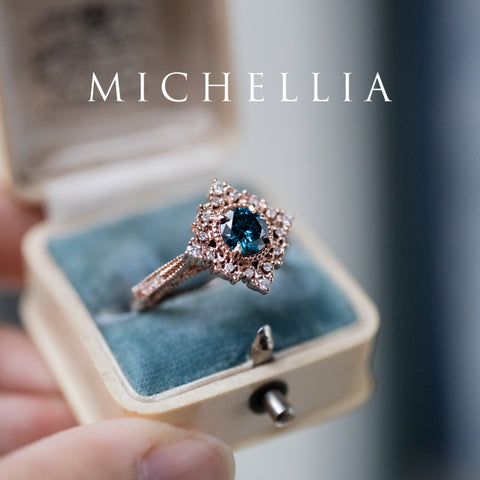 [Henrietta] IGI Certified Teal Blue Diamond Belle Époque Vintage Engagement Ring, One of A Kind Women's Ring michelliafinejewelry