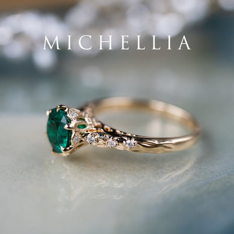 [Eliora] Vintage Regency Crown Solitaire Emerald Engagement Ring, Ready-to-Ship Women's Ring michelliafinejewelry