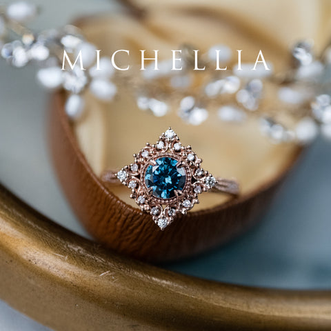 [Henrietta] IGI Certified Teal Blue Diamond Belle Époque Vintage Engagement Ring, One of A Kind Women's Ring michelliafinejewelry