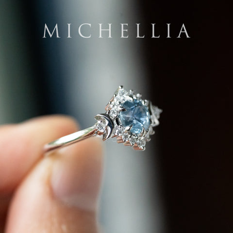 [Selene] Natural Ice Blue Sapphire Moon Goddess Engagement Ring in Platinum, One of A Kind & Ready-to-Ship