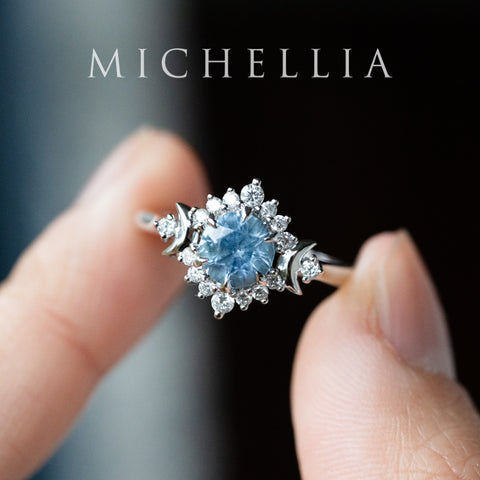 [Selene] Natural Ice Blue Sapphire Moon Goddess Engagement Ring in Platinum, One of A Kind & Ready-to-Ship