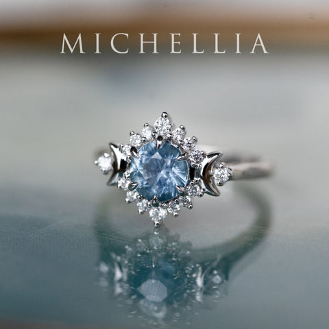 [Selene] Natural Ice Blue Sapphire Moon Goddess Engagement Ring in Platinum, One of A Kind & Ready-to-Ship