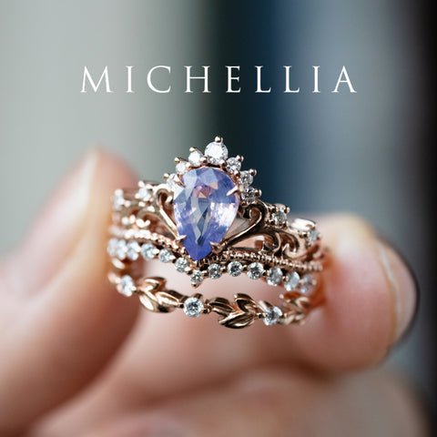 [Reina] Opalescent Lavender Sapphire Woodland Fairy Engagement Ring Set, 14K Rose Gold, One-of-a-Kind & Ready-to-Ship Women's Ring michelliafinejewelry