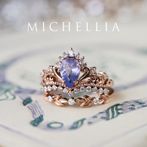 [Reina] Opalescent Lavender Sapphire Woodland Fairy Engagement Ring Set, 14K Rose Gold, One-of-a-Kind & Ready-to-Ship Women's Ring michelliafinejewelry