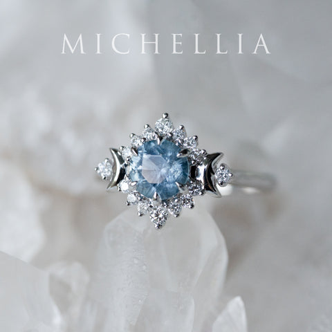 [Selene] Natural Ice Blue Sapphire Moon Goddess Engagement Ring in Platinum, One of A Kind & Ready-to-Ship