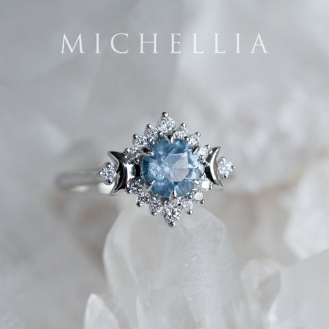 [Selene] Natural Ice Blue Sapphire Moon Goddess Engagement Ring in Platinum, One of A Kind & Ready-to-Ship