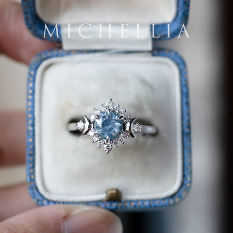 [Selene] Natural Ice Blue Sapphire Moon Goddess Engagement Ring in Platinum, One of A Kind & Ready-to-Ship