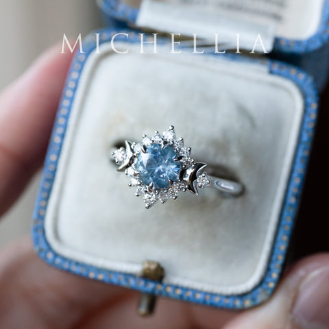 [Selene] Natural Ice Blue Sapphire Moon Goddess Engagement Ring in Platinum, One of A Kind & Ready-to-Ship