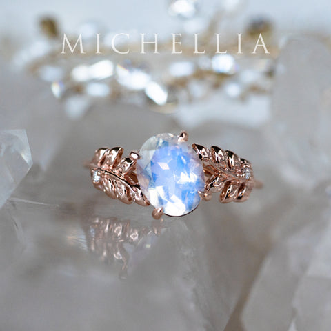 [Wisteria] Blue Moon Wisteria - Floral Oval Moonstone Engagement Ring, 14K Rose Gold, One of A Kind & Ready-to-Ship Women's Ring michelliafinejewelry