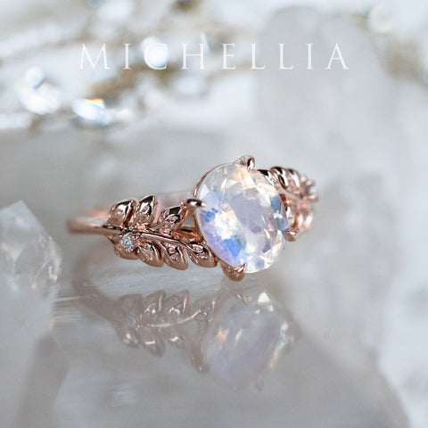 [Wisteria] Blue Moon Wisteria - Floral Oval Moonstone Engagement Ring, 14K Rose Gold, One of A Kind & Ready-to-Ship Women's Ring michelliafinejewelry