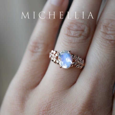 [Wisteria] Blue Moon Wisteria - Floral Oval Moonstone Engagement Ring, 14K Rose Gold, One of A Kind & Ready-to-Ship Women's Ring michelliafinejewelry