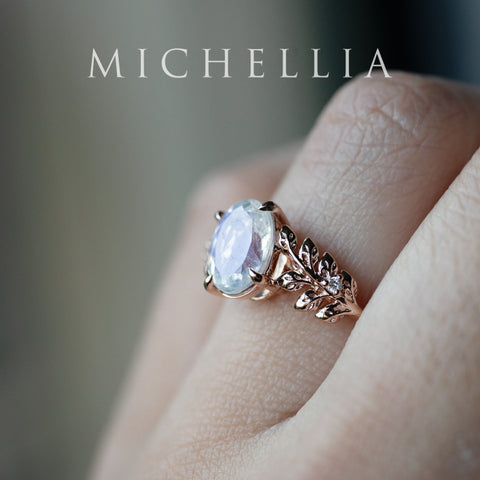 [Wisteria] Blue Moon Wisteria - Floral Oval Moonstone Engagement Ring, 14K Rose Gold, One of A Kind & Ready-to-Ship Women's Ring michelliafinejewelry