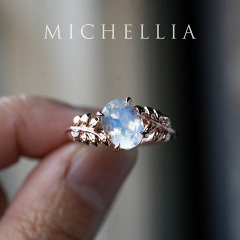 [Wisteria] Blue Moon Wisteria - Floral Oval Moonstone Engagement Ring, 14K Rose Gold, One of A Kind & Ready-to-Ship Women's Ring michelliafinejewelry