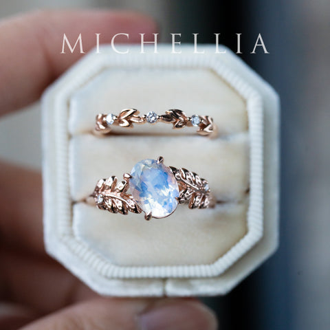 [Wisteria] Blue Moon Wisteria - Floral Oval Moonstone Engagement Ring, 14K Rose Gold, One of A Kind & Ready-to-Ship Women's Ring michelliafinejewelry