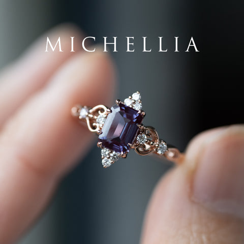 [Amorette] Eternal Love Emerald Cut Alexandrite Engagement Ring, 14K Rose Gold - One of A Kind & Ready-to-Ship Women's Ring michelliafinejewelry