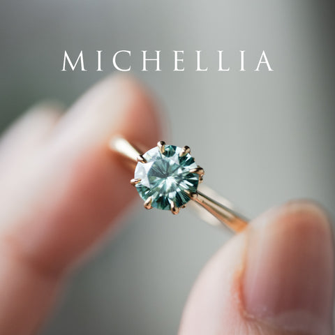 [Victoria] Mint Green Moissanite Secret Royal Garden Engagement Ring 3-piece set, 18K Yellow Gold, Ready-to-Ship Women's Ring michelliafinejewelry