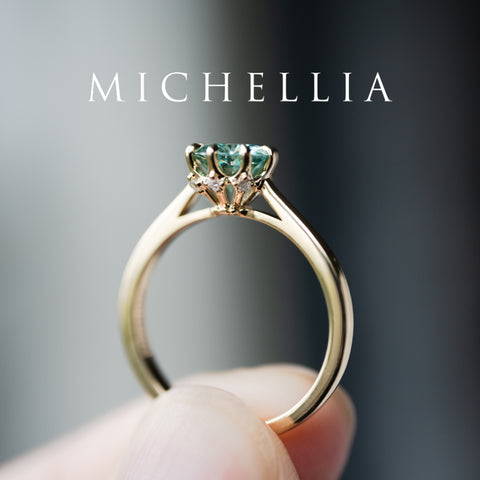 [Victoria] Mint Green Moissanite Secret Royal Garden Engagement Ring 3-piece set, 18K Yellow Gold, Ready-to-Ship Women's Ring michelliafinejewelry