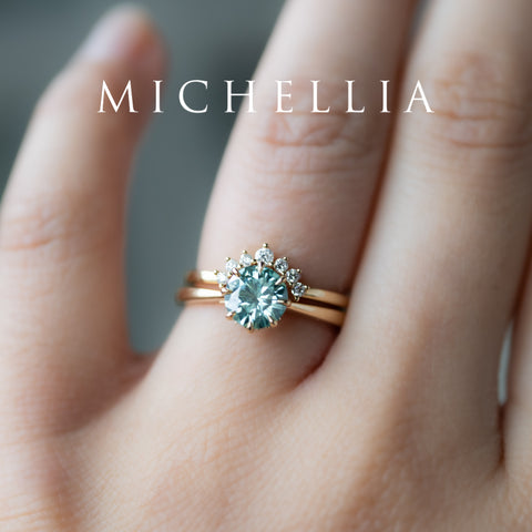 [Victoria] Mint Green Moissanite Secret Royal Garden Engagement Ring 3-piece set, 18K Yellow Gold, Ready-to-Ship Women's Ring michelliafinejewelry