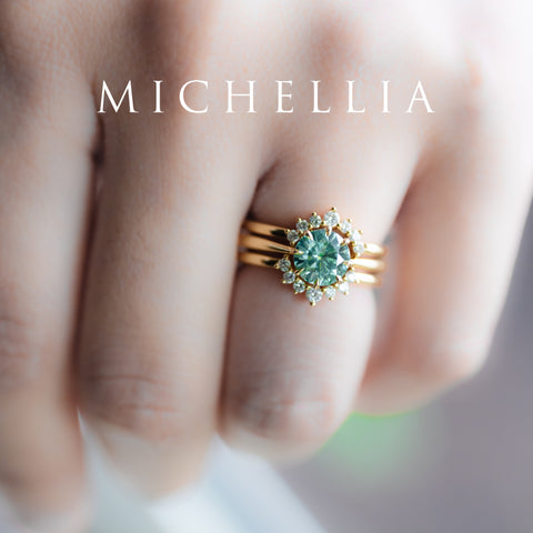 [Victoria] Mint Green Moissanite Secret Royal Garden Engagement Ring 3-piece set, 18K Yellow Gold, Ready-to-Ship Women's Ring michelliafinejewelry