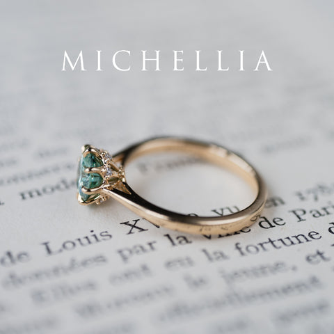 [Victoria] Mint Green Moissanite Secret Royal Garden Engagement Ring 3-piece set, 18K Yellow Gold, Ready-to-Ship Women's Ring michelliafinejewelry