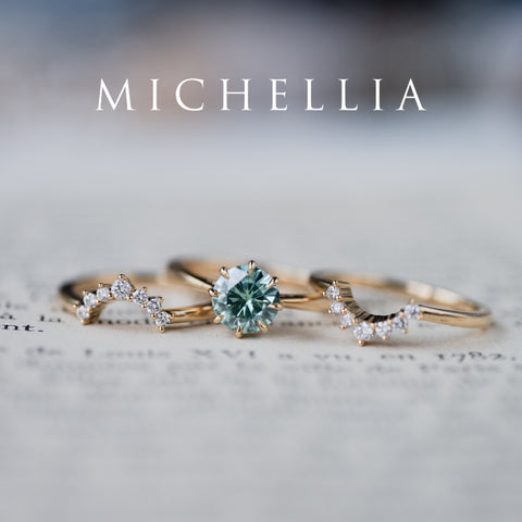 [Victoria] Mint Green Moissanite Secret Royal Garden Engagement Ring 3-piece set, 18K Yellow Gold, Ready-to-Ship Women's Ring michelliafinejewelry