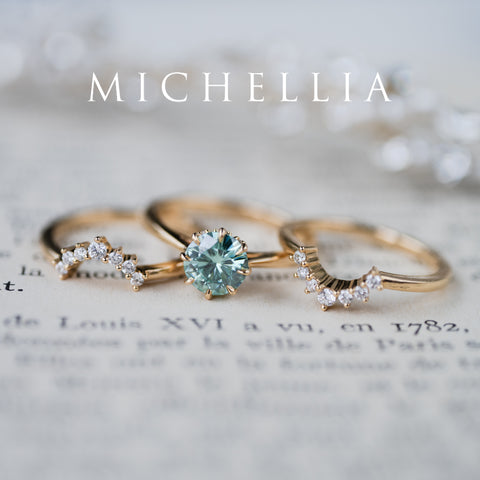 [Victoria] Mint Green Moissanite Secret Royal Garden Engagement Ring 3-piece set, 18K Yellow Gold, Ready-to-Ship Women's Ring michelliafinejewelry