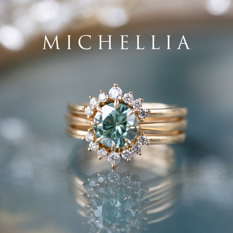 [Victoria] Mint Green Moissanite Secret Royal Garden Engagement Ring 3-piece set, 18K Yellow Gold, Ready-to-Ship Women's Ring michelliafinejewelry