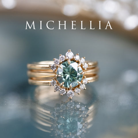 [Victoria] Mint Green Moissanite Secret Royal Garden Engagement Ring 3-piece set, 18K Yellow Gold, Ready-to-Ship Women's Ring michelliafinejewelry