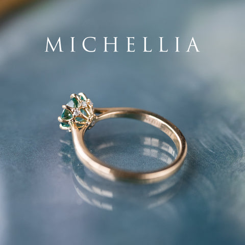 [Victoria] Mint Green Moissanite Secret Royal Garden Engagement Ring 3-piece set, 18K Yellow Gold, Ready-to-Ship Women's Ring michelliafinejewelry