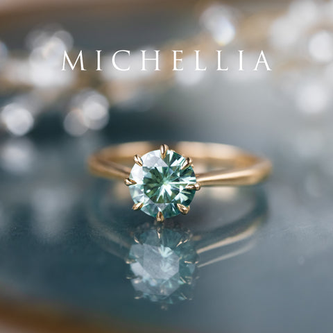 [Victoria] Mint Green Moissanite Secret Royal Garden Engagement Ring 3-piece set, 18K Yellow Gold, Ready-to-Ship Women's Ring michelliafinejewelry
