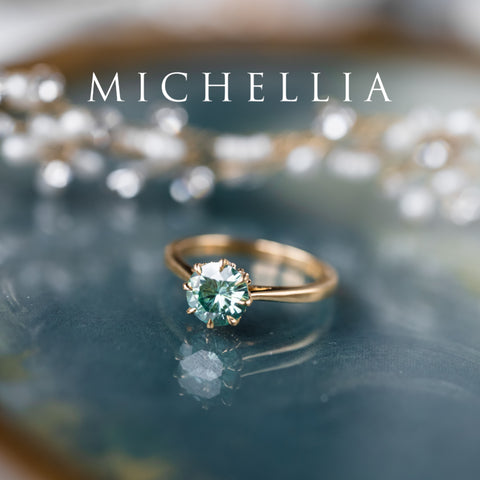 [Victoria] Mint Green Moissanite Secret Royal Garden Engagement Ring 3-piece set, 18K Yellow Gold, Ready-to-Ship Women's Ring michelliafinejewelry
