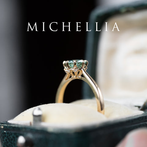 [Victoria] Mint Green Moissanite Secret Royal Garden Engagement Ring 3-piece set, 18K Yellow Gold, Ready-to-Ship Women's Ring michelliafinejewelry