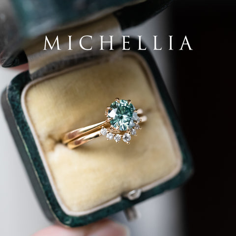 [Victoria] Mint Green Moissanite Secret Royal Garden Engagement Ring 3-piece set, 18K Yellow Gold, Ready-to-Ship Women's Ring michelliafinejewelry