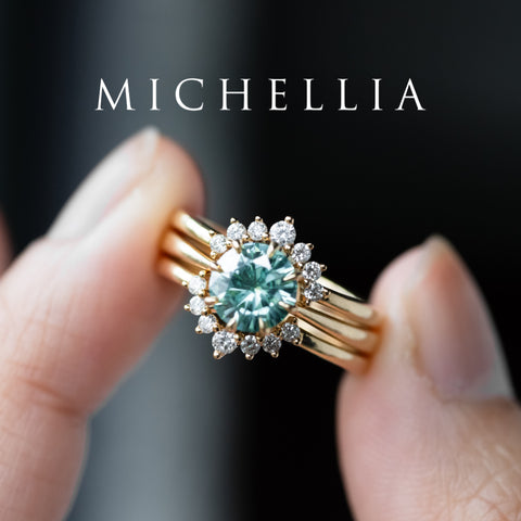 [Victoria] Mint Green Moissanite Secret Royal Garden Engagement Ring 3-piece set, 18K Yellow Gold, Ready-to-Ship Women's Ring michelliafinejewelry