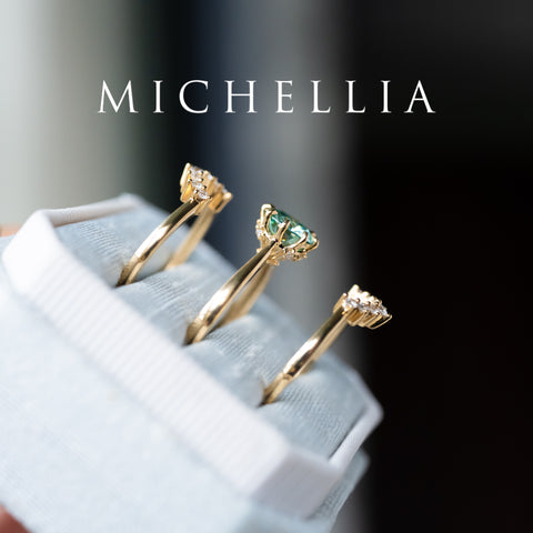 [Victoria] Mint Green Moissanite Secret Royal Garden Engagement Ring 3-piece set, 18K Yellow Gold, Ready-to-Ship Women's Ring michelliafinejewelry