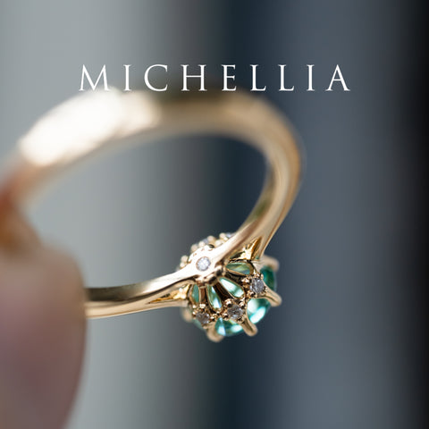 [Victoria] Mint Green Moissanite Secret Royal Garden Engagement Ring 3-piece set, 18K Yellow Gold, Ready-to-Ship Women's Ring michelliafinejewelry
