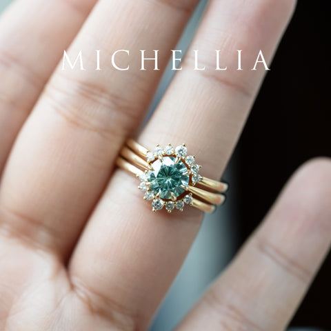 [Victoria] Mint Green Moissanite Secret Royal Garden Engagement Ring 3-piece set, 18K Yellow Gold, Ready-to-Ship Women's Ring michelliafinejewelry
